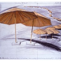 「アンブレラ　6－8マイル、3000本の傘のプロジェクト」1985年 ドローイング