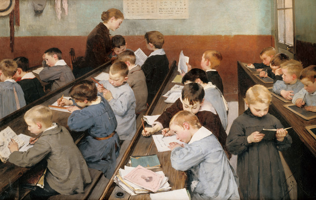 アンリ・ジュール・ジャン・ジョフロワ　≪教室にて、子どもたちの学習≫　1889年　パリ、フランス国民教育省