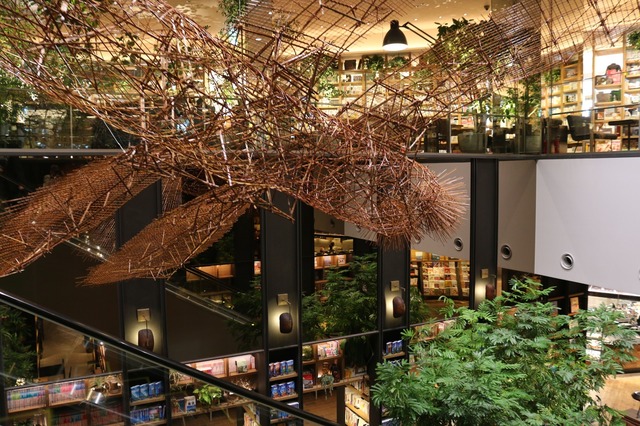 吹き抜けに設置された竹の巨大なオブジェは北山善夫の作品「秋津島」