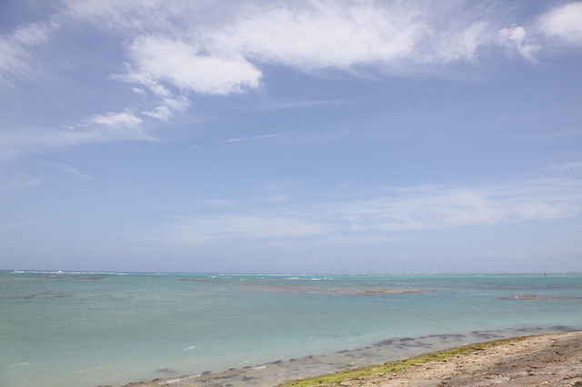 沖縄「美らSUNビーチ」のエメラルドグリーンに輝く海と青い空