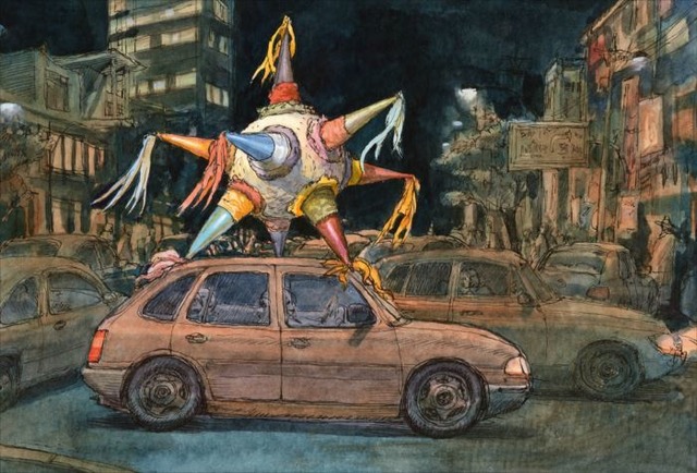 Louis Vuitton Travel Book Mexico, illustre par Nicolas de Crecy, 2017: seven-pointed pinata beingtransported on the roof of a car