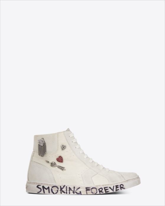 JOE PIN’S MID TOP SNEAKER IN OFF WHITE SUEDE AND LEATHER WITH TAG “SMOKING FOREVER” ON SOLE.（12万円）